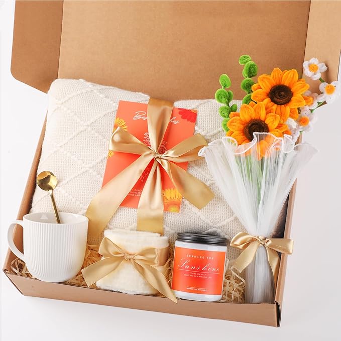 Sending Sunshine Sunflower, Thinking of You Care Package, Gift Baskets for Her, Unique Birthday Gifts for Women, Best Friend Birthday Gifts Set, Get Well Soon Gift Box, Christmas gifts