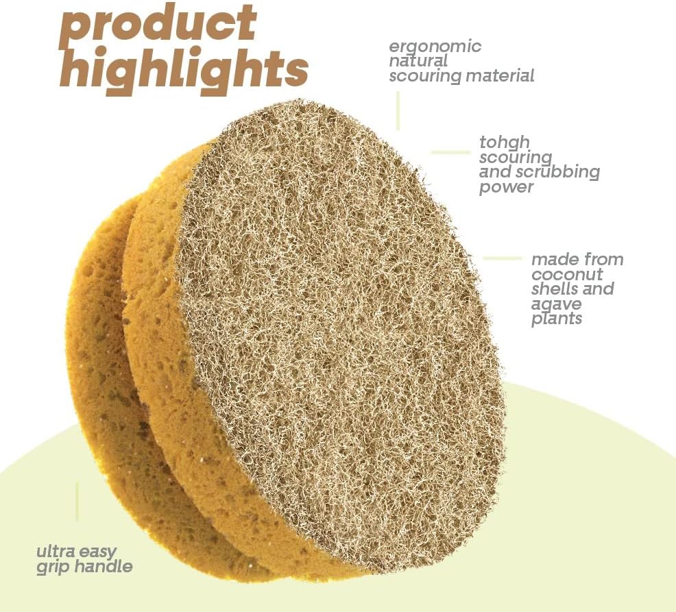SCRUBIT Natural Scouring Pads, Eco Friendly Scrubbing Sponges for Kitchen Cleaning and Dishes, Non-Scratch Dish Scrubber with Easy-Grip Sponge Handle - Biodegradable - 2 Pack - Image 2