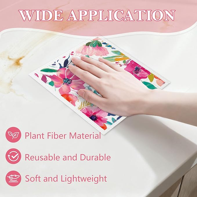 Mixed Flowers Swedish Kitchen Dishcloths Dish Towels 6 Pack, Flowers Dish Towels for Kitchen, Swedish Dishcloth with Flower, Paper Towels Reusable, Dish Cloth Towel Cleaning Wipe for Home Party