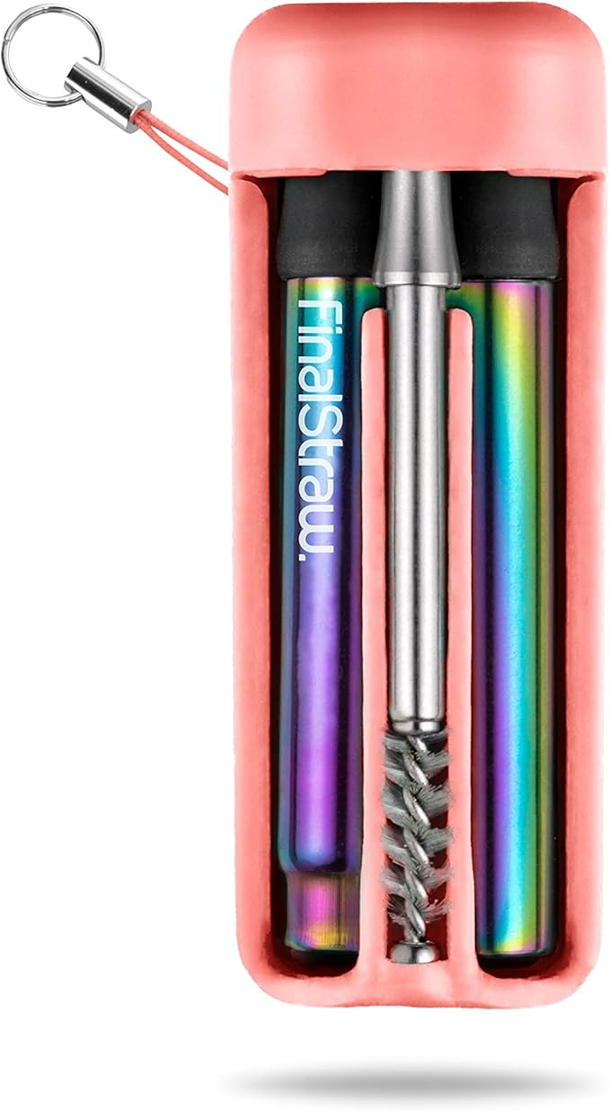 FinalStraw Collapsible, Reusable, Metal Straw | Travel Case, Cleaning Tool | Easy to Clean | Stainless Steel and 100% Silicon Tips | Eco-Friendly | Healthy Coral Case, Rainbow Stainless Steel
