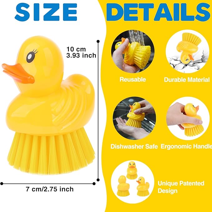GTOTd Cute Ducky Washing Dish Brush（2 Pack） Ergonomic Palm Scrubber with Handle for Potato Vegetable Fruit Best Small Kitchen Gadgets Gifts Accessories Stuff Household Cleaning Dishwashing Supplies