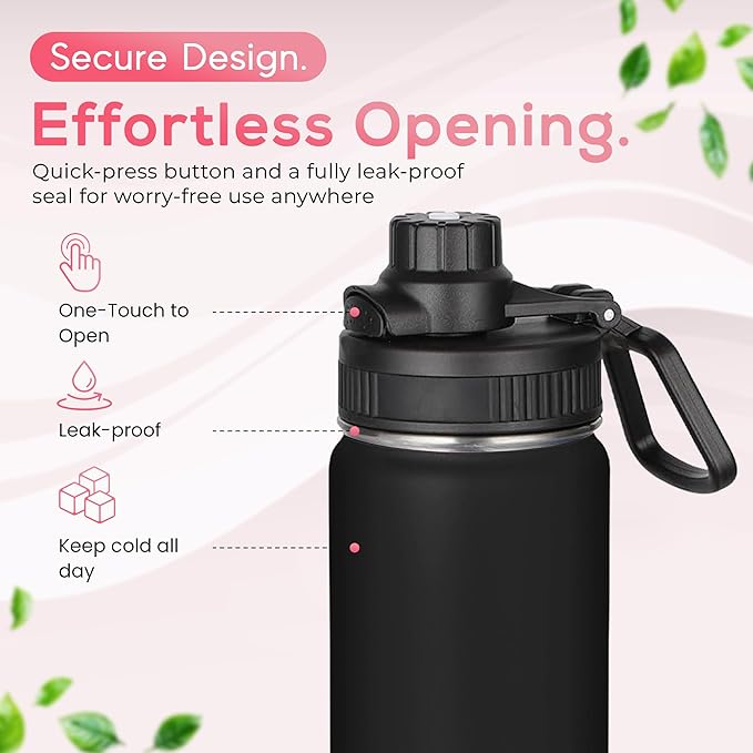 Y TOP 24oz Insulated Water Bottle Cup Holder Friendly, Leak Proof Spout Lid, Double Wall Insulation, Dishwasher Safe, Easy Clean Stainless Steel Water Bottle for Gym Kids Sports Travel School Hiking