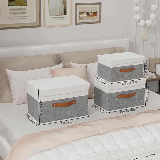 Yawinhe Collapsible Storage Bin, Cube Organizer Basket, Fabric Box with Lids, Washable and Leather Handle, for Home, Closet, White/Grey, 13.0''Lx9.0''Wx7.9''H, 3-Pack, SNK024WGS-3