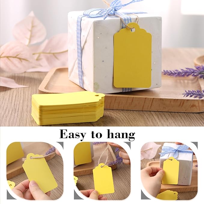SallyFashion 120pc Gift Tags with String - Blank Yellow Paper Hanging Tags for Wedding & Birthday Gifts DIY