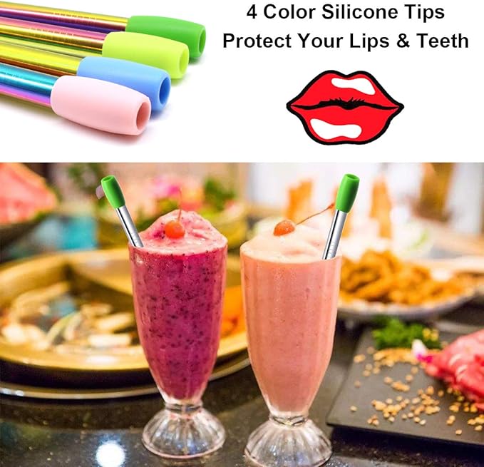 Boba Straws, Reusable Straw Metal Smoothies Jumbo Bubble Tea Tapioca Pearls Milkshake Straws, Pointed Stainless Steel Drinking Straws with Silicone Tips Carry Bag Brush 12mm 0.5" Wide, Silver 4 Pack