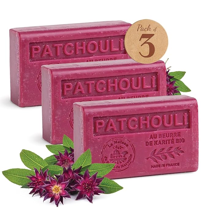 Hand & Body Soap Bars Trio - Patchouli Moisturizing French Soap with Organic Shea Butter - Rich Creamy Lather - 97% Natural Ingredients - Solid Bath Cleanser Made in Provence - 3x4.4 oz