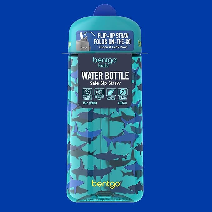 Bentgo Kids Water Bottle - Leak-Proof, Durable Tritan, BPA-Free 15 oz. Cup for Kids/Toddlers Ages 3+, Safe Sip Spout, Carrying Handle, & Dishwasher Safe for School, Sports, Daycare & Camp (Sharks)