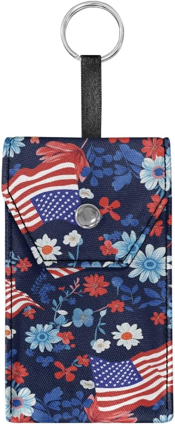 American Flag Floral Tissues Purse Pocket Portable Tissue Holder for Purse Coin Keys Tissues Packs with Hanging Rope for 4th of July Snap Button Enclosed