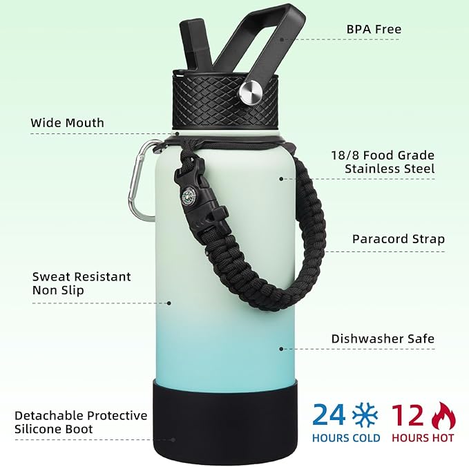 BJPKPK 32oz Insulated Water Bottles with 3 Lids, Paracord Handle & Non-slip Boot, Stainless Steel Metal Water Bottle,Reusable BPA Free Thermal Flasks, Tumblers, Mint