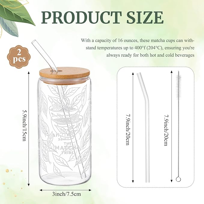 2 Set 16oz Matcha Glass Cups with Bamboo Lid and Straw 2 Brush Reusable Sealed Thick Leakproof Iced Coffee Cup Borosilicate Glass Tumble Gift for Matcha Lovers, Latte, Juice, Smoothie
