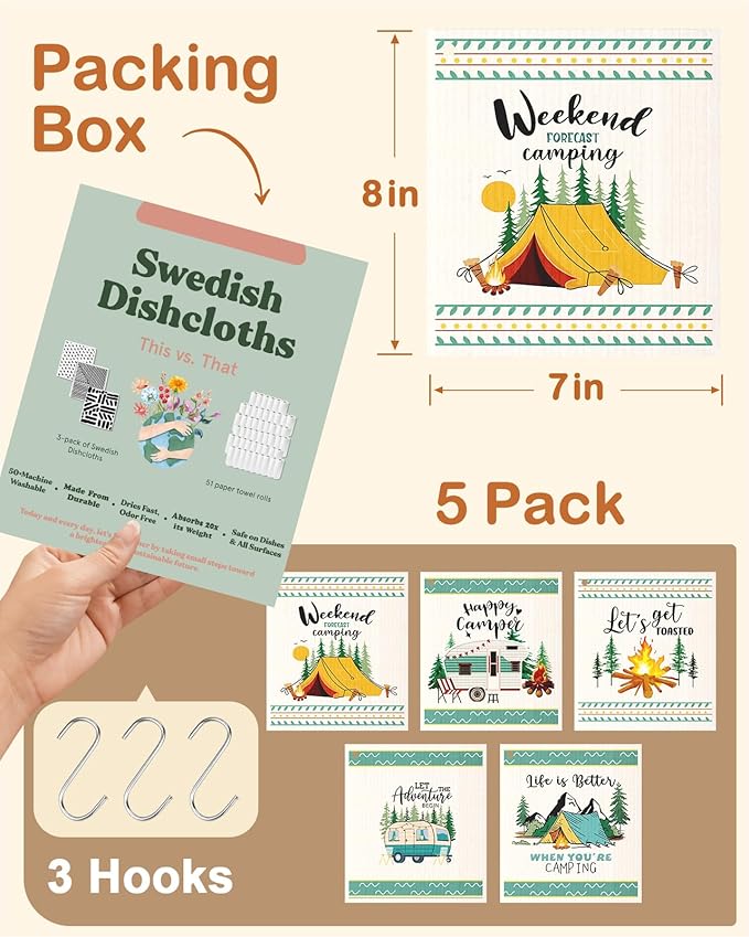 Swedish Dishcloths for Kitchen with Hooks - Reusable Dish Cloths for Washing Dishes Fast Drying Cute Fun 5 Pack Swedish Dish Towels Washable Cleaning Sponge, Green Camping