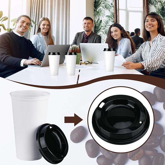 Domensi 30 Pack Reusable Coffee Cups with Lids 16 oz Disposable Travel Cups Bulk Plastic to Go Coffee Tumblers for DIY Hot Cold Drink Party Favors Coworker, Microwaveable (White with Black Lid)