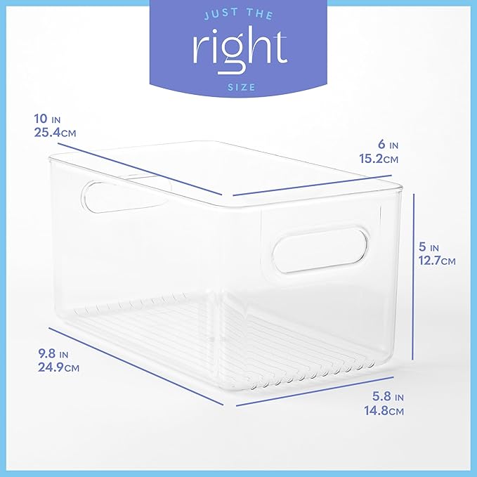 primebox Plastic Food Storage 4 Pack Clear Container Bin with Handles for Organizing Kitchen, Pantry, Fridge, Freezer, Pantry,Bathroom. 10"x6"x5"