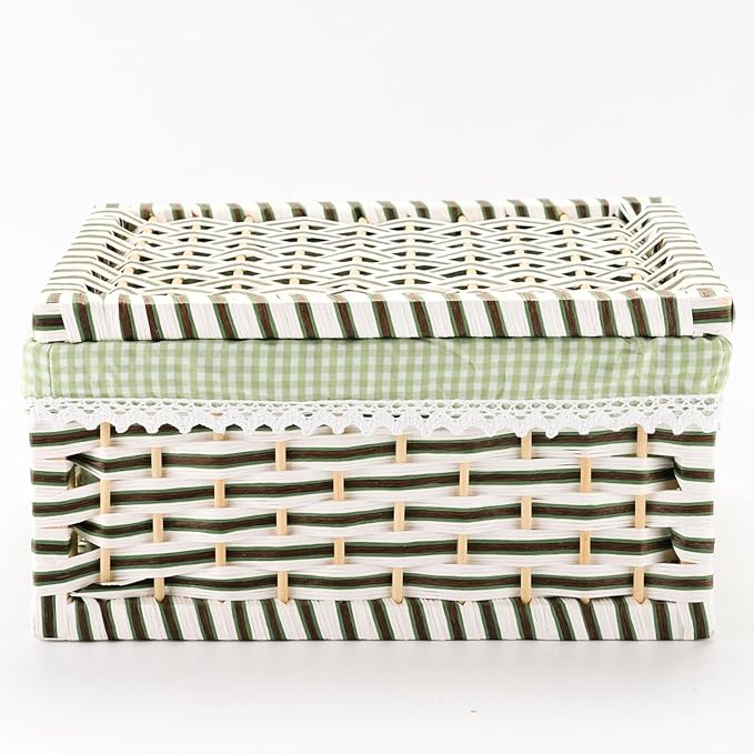 Paper Rope Storage Basket with Lid,Handmade Woven Rustic Green Shelf Basket for Organizing, Decor-Detachable & Washable Lining (Large)