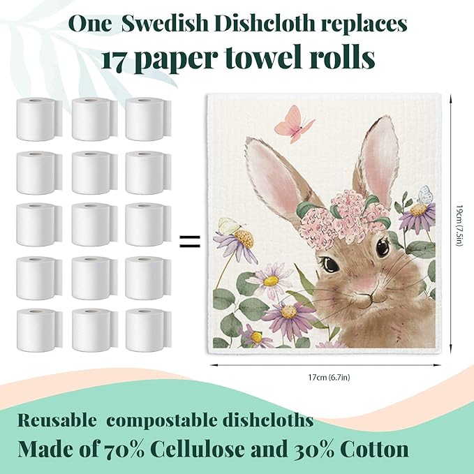 Pink Bunny Eggs Swedish Dishcloths for Kitchen, Happy Bunny Dish Cloths for Easter Gifts, Papaya Cute Funny Washable Swedish Cleaning Sponge Cloths, 4 Pack Dish Towels for Kitchen