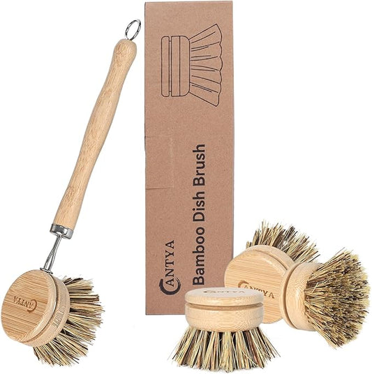 Bamboo Dish Scrubber with Handle 4 Replacement Heads, Natural Dish Scrub Brush Sustainable & Biodegradable, Bamboo Dish Brush for Cleaning Cast Iron Pan/Pot(Hard Bristles)