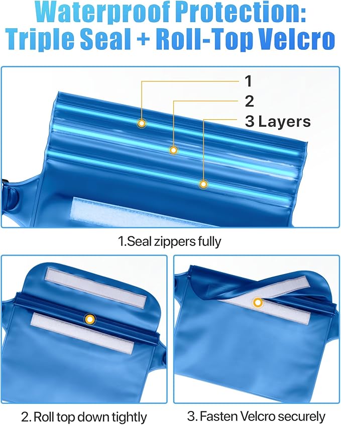 F-color Waterproof Fanny Pack - Cruise Essentials 2025 - Waterproof Pouch, Triple Zipper Roll-Top Dry Bag for Phone with Adjustable Waist Strap, Keep Passport Valuables Dry for Beach Kayaking Boating