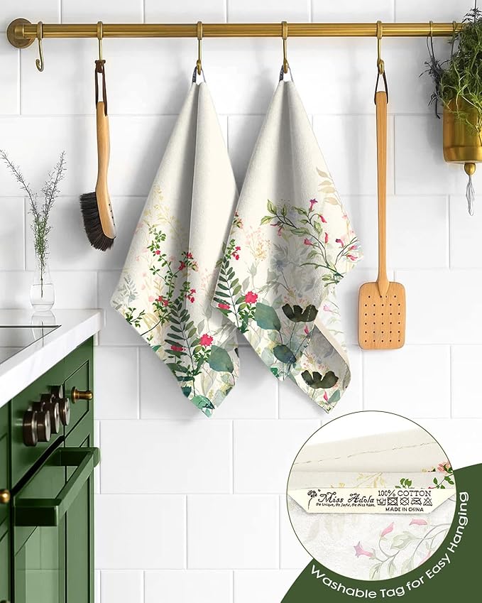 Flour Sack Kitchen Towels Set of 2-18x26 Cotton Dish Towels with Hanging Loop Reusable Tea Towel for Cleaning Spring Absorbent Dishcloths Cute Home Decor Housewarming, Ink Flowers
