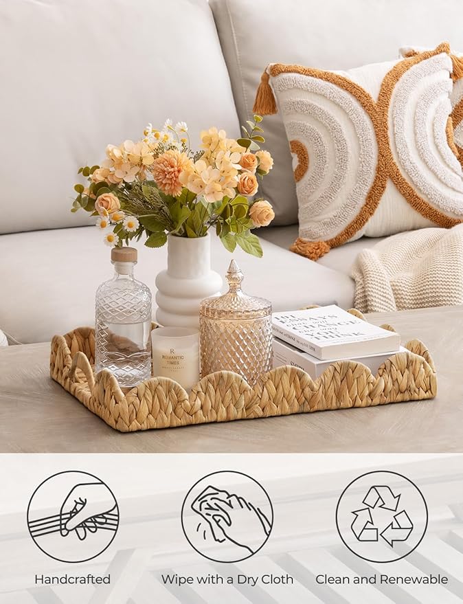 StorageWorks Large Wicker Scalloped Edge Serving Tray, Rectangle Tray with Built-in Handles, Hand-Woven Scalloped Rattan Tray, Wicker Trays for Décor, Natural Water Hyacinth