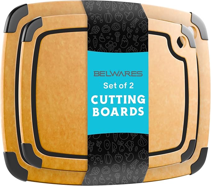 Dishwasher Safe Cutting Boards for Kitchen Set - Large Composite Wood Cutting Boards (14.5" x 11" & 11.7" x 9.3") Non-Slip & Juice Groove - Thin & Lightweight Eco-Friendly - Natural w Black Grooves