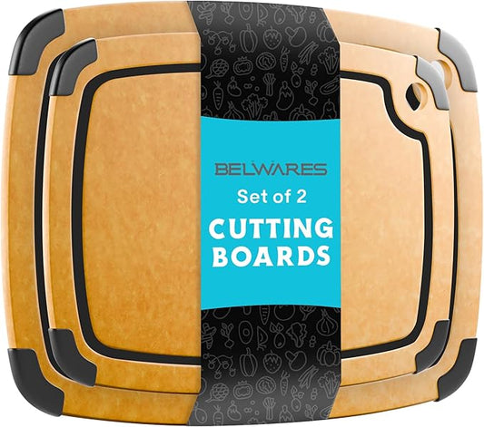 Dishwasher Safe Cutting Boards for Kitchen Set - Large Composite Wood Cutting Boards (14.5" x 11" & 11.7" x 9.3") Non-Slip & Juice Groove - Thin & Lightweight Eco-Friendly - Natural w Black Grooves