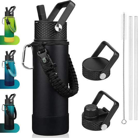 BJPKPK Insulated Water Bottle with Straw Lid, 22oz Thermal Flasks Water Bottles with 3 Lids, Paracord Handle & Non-slip Boot, BPA Free Leak Proof Stainless Steel Tumblers, Cups,Black