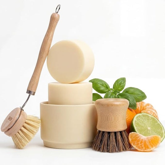 Vove Dish Soap Bundle, 2 Bars, 2 Bamboo & Sisal Scrub Brushes, 1 Ceramic Cup – Coastal Citrus Mint, Mandarin, Spearmint, Cypress & Bergamot Oils, Plant-Based Coconut Soap, FSC Bamboo, Plastic-Free Set