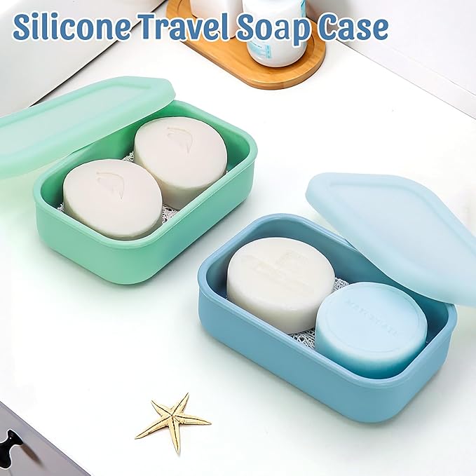 OZNER Silicone Travel Soap Case for Two Bars, Leak Proof Shampoo Bar Holder Compatible with Kitsch Bars, Soap Container with Drainage Layer for Bathroom, Camping, and Gym, Easy to Clean (Green-Large)