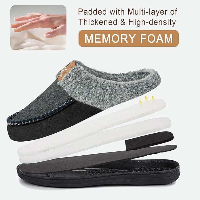 Homitem Mens Slippers Moccasins Memory Foam Fuzzy Slippers for Men Wool-Like Plush Fleece Lined House Shoes Indoor Outdoor Anti-Skid Rubber Sole Home Bedroom