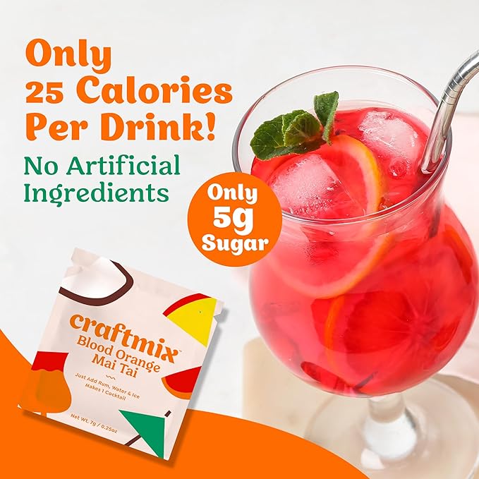 Craftmix Blood Orange Mai Tai Cocktail & Mocktail Drink Mixer, Skinny Mixes - Water Flavoring Packets - Made With Real Fruit - Vegan Low-Carb, Low-Sugar, Non-GMO, Dairy Free, Gluten Free, 12 Pack