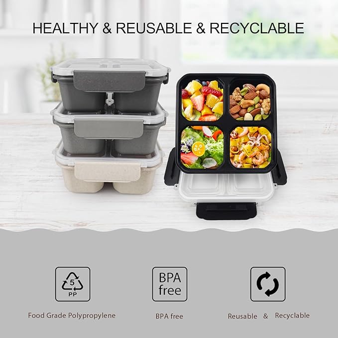 greenandlife 4 Pack Bento Lunch Box Set for Kids Adults, 4 Compartment Reusable Wheat Straw Meal Prep Food Storage Snack Containers, Stackable Snack box, Microwave and Dishwasher Safe, Grey+Black