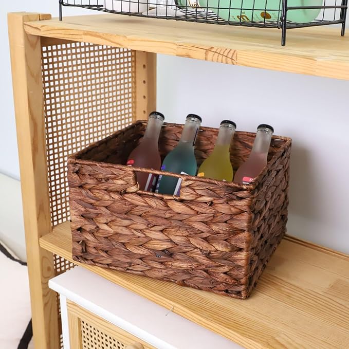 JJSQ Water Hyacinth Woven Storage Basket, Wicker Organizer for Shelves, Pantry, Small Rectangle Decorative Basket, 1-Pack, 11.4" x 9.8" x 6.9"