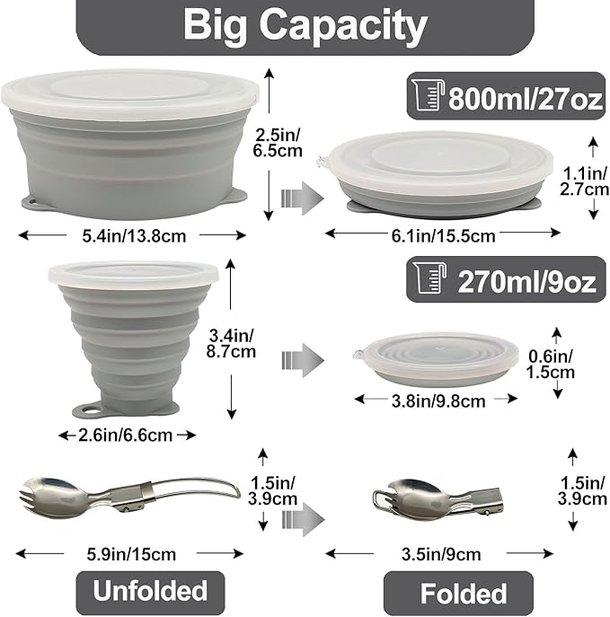 Mess Kit for Camping Silicone Collapsible Bowl Collapsible Cup and Stainless Steel Spoon for Backpacking Outdoor Hiking Traveling and Picnic - 4 Pack