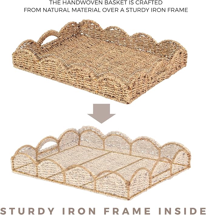 Seagrass Serving Tray with Scalloped Edge and Built-in Handles (17" x 13" x 3")