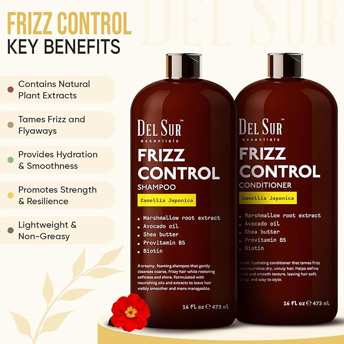 DEL SUR Frizz Control Shampoo and Conditioner Set | 16 fl oz Each | with Camellia Japonica, Shea Butter & Avocado Oil | Smoothing & Anti Frizz for Curly, Wavy & Straight Hair