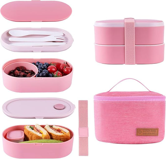 Bento Lunch Box Set -2 Stackable Adult And Women's Lunch Boxes - Including Lunch Bag, Leak Proof And Bisphenol Free A - Built-In Cutlery Set - Dishwasher Safe (Pink)