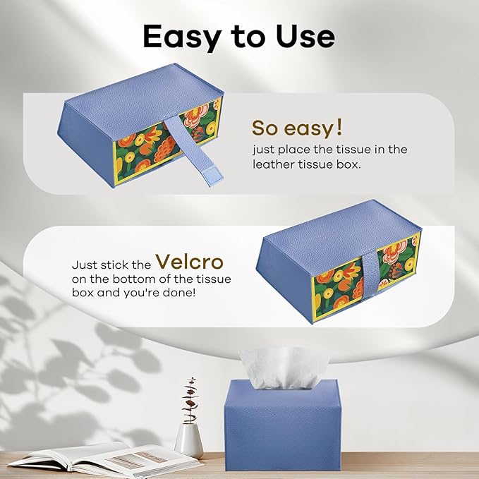 Tissue Box Cover Holder Compatible with Kleenex Disposable Paper Hand Towels, Leather Paper Towel Dispenser for Tabletop, Bathroom, Car, Office (Blue-1 Pack)