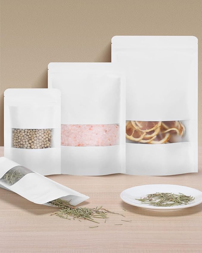 50pcs Kraft Bags with Window 5.9x8.6 Inches White Reusable Sealable Zip Lock Food Storage Stand up Paper Pouches for Home or Business