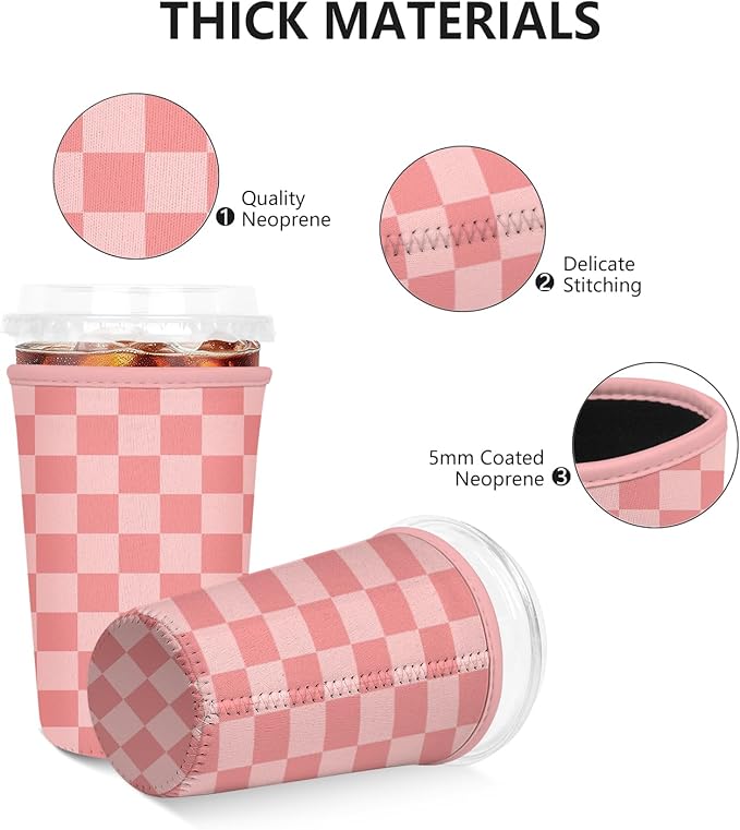 3 Pack Iced Coffee Sleeve, Reusable Insulated Neoprene Cup Sleeve for Cold & Hot Drinks Beverages, Cup Holder for 16-32oz Coffee Cups, Pink Plaid