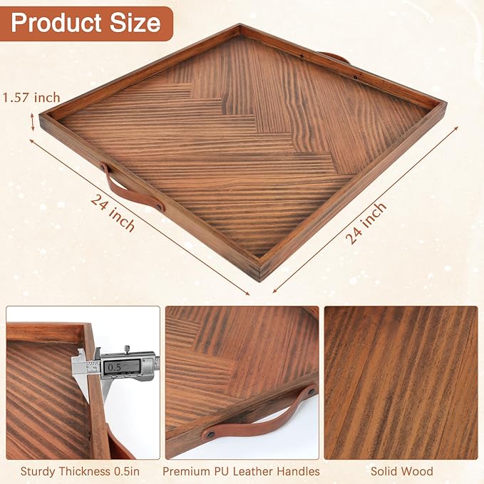 Large Ottoman Wood Trays, Wooden Serving Tray with Handles, Large Ottoman Tray, Square Wooden Serving Tray for Coffee Table, Living Room and Kitchen, 24 x 24 inch