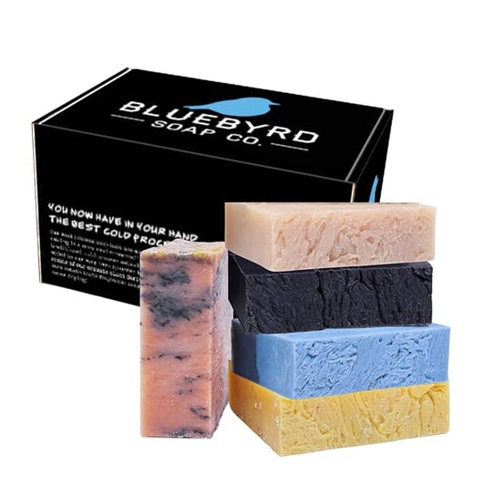 BLUEBYRD Soap - Men's Variety Pack Bourbon Soap Bars | Natural Skin Care, Handmade, Cold Process, Organic | Masculine Fragrance- Bourbon Oak, Citrus IPA Beer, Sandalwood Whiskey, Charcoal (Bourbon)