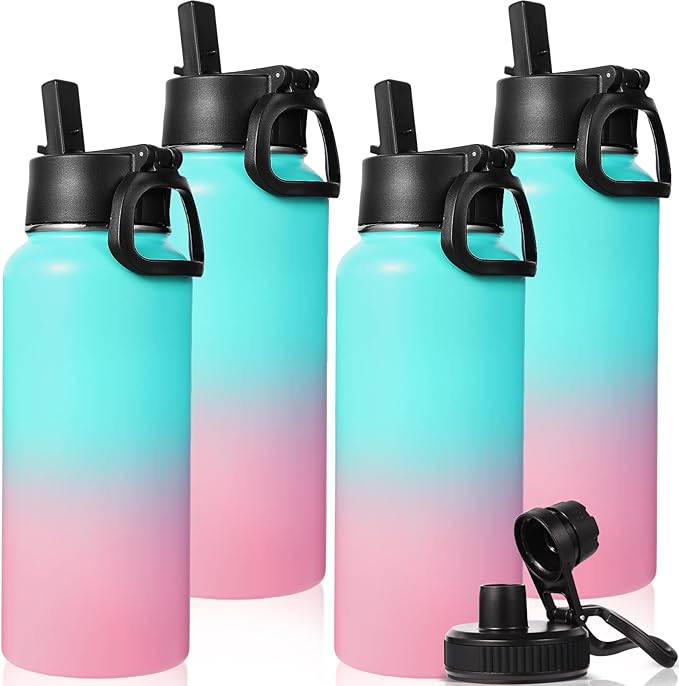 Neihepal 32 oz Insulated Water Bottles Bulk with 2 Lids (Straw & Spout Lid), Stainless Steel Double Wall Water Bottle, Keeps Cold 24H & Hot 12H (Green Pink,4 Pack)