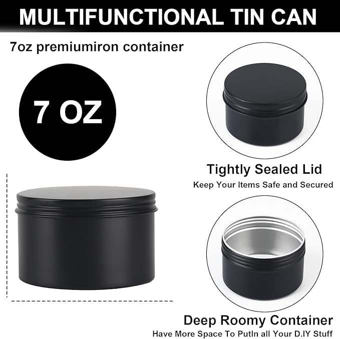 42 Pack Round Cans with Screw Lid 7 Oz Aluminum Metal Tins DIY Food Candle Containers for Lotion Bars, Balms, Salve, Spices, Beard Balm, Crafts with 4 Markers 6 Sheets Label Stickers (Black)