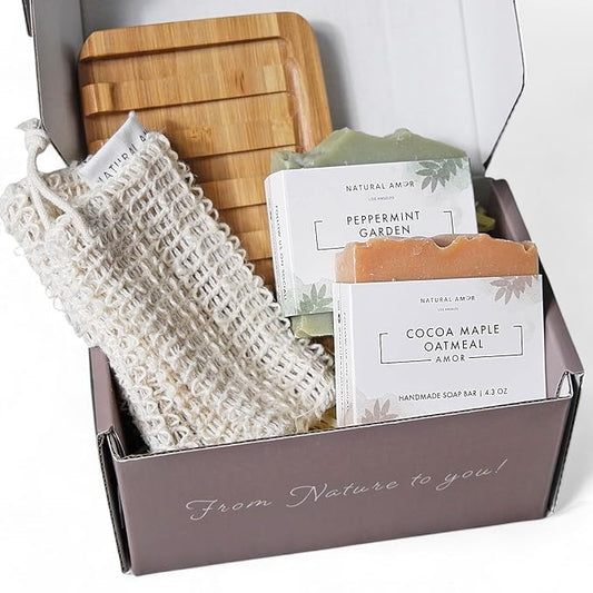 Natural Amor Handmade Soap Bar Gift Set 2pk with Soap Dish and Soap Saver, Scented with Essential Oils, Made with Natural Ingredients for All Skin Types