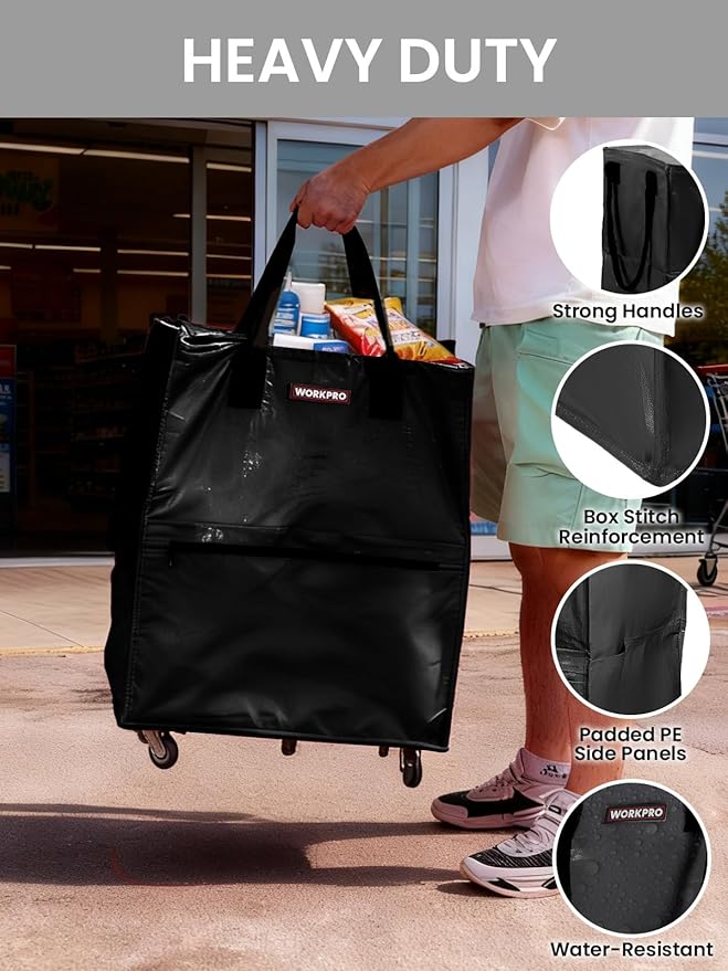 WORKPRO Large Reusable Grocery Bag on Wheels, Heavy Duty Rolling Shopping Tote with Handle, Folding Trolley on 5 Caster Wheels for Groceries, Laundry, Camping, Moving