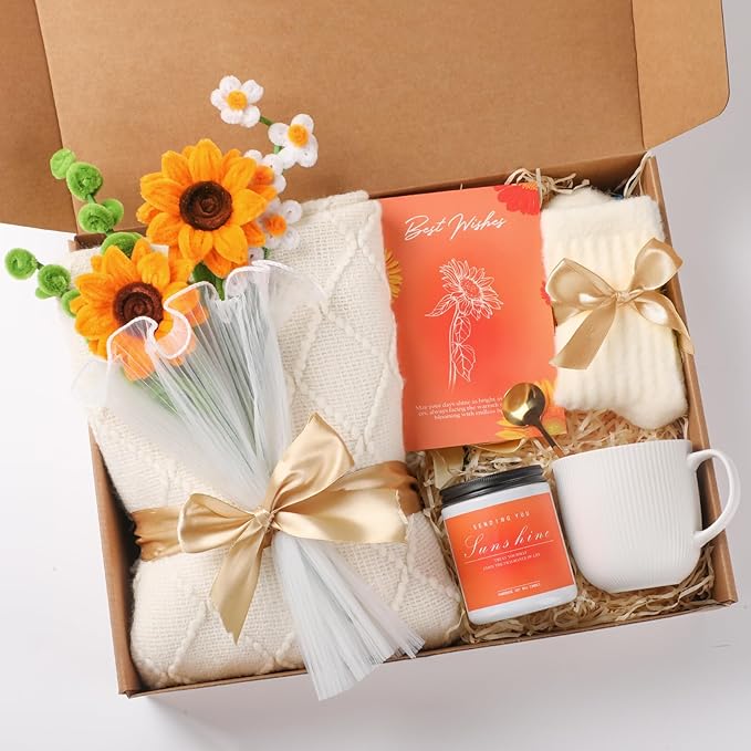 Sending Sunshine Sunflower, Thinking of You Care Package, Gift Baskets for Her, Unique Birthday Gifts for Women, Best Friend Birthday Gifts Set, Get Well Soon Gift Box, Christmas gifts