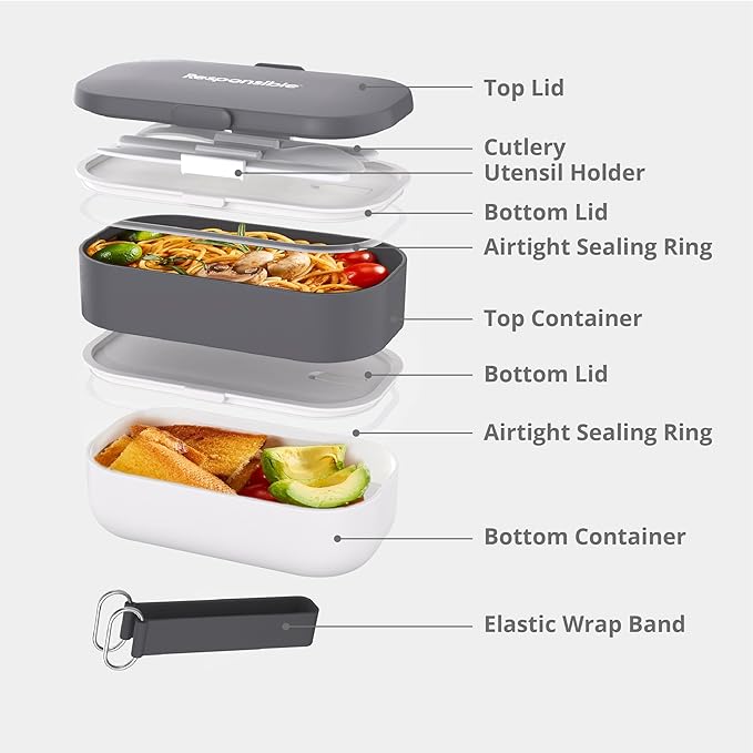Responsible Products Leak Resistant Bento Box with Tableware for Adult - Teens, Insulated Lunch Box for Women - Men - Girls - Boys, BPA Free, Dishwasher Safe, Microwave Safe, Freezer Safe, 46 oz