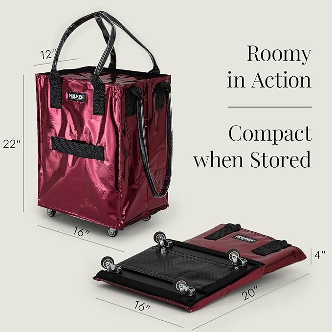 (Medium, Cosmic Red) Reusable Grocery Bag On Wheels, Shopping Trolley, Rolling Tote, Zipper Closure, Lightweight, Carries Up to 66 lb, Folds Flat, Unbreakable Handles