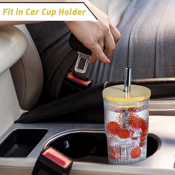4Pcs 24oz Glass Cups with Lids and Straws, Mason Jar Iced Coffee Cup Wide Mouth Jar Drinking Glasses Set Coffee Mug Smoothie Cup Glass Tumbler Bamboo Lids Metal Straws for Juice and Cocktail Whiskey