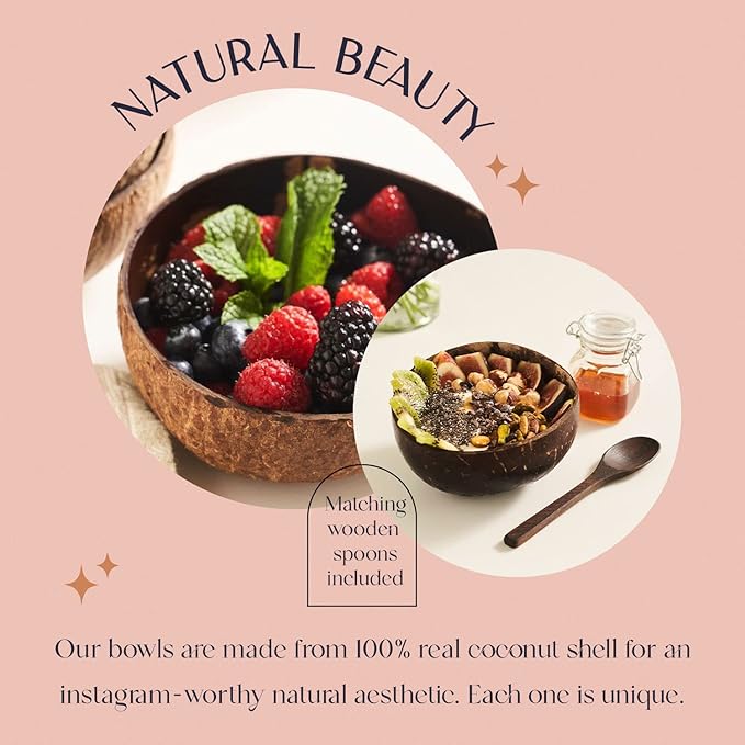 Coconut Bowl Set with Wooden Spoons –White Elephant Gifts For Adults, Christmas Gifts. Eco-Friendly Acai Bowls, Yogurt Bowls & Smoothie Bowl – Ideal for Ninja Creami (4, Natural)